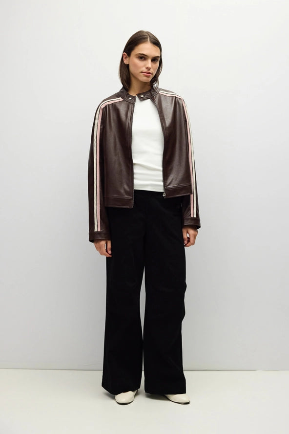 The Tracy Jacket | Faux Leather Bomber with Stripe Trim
