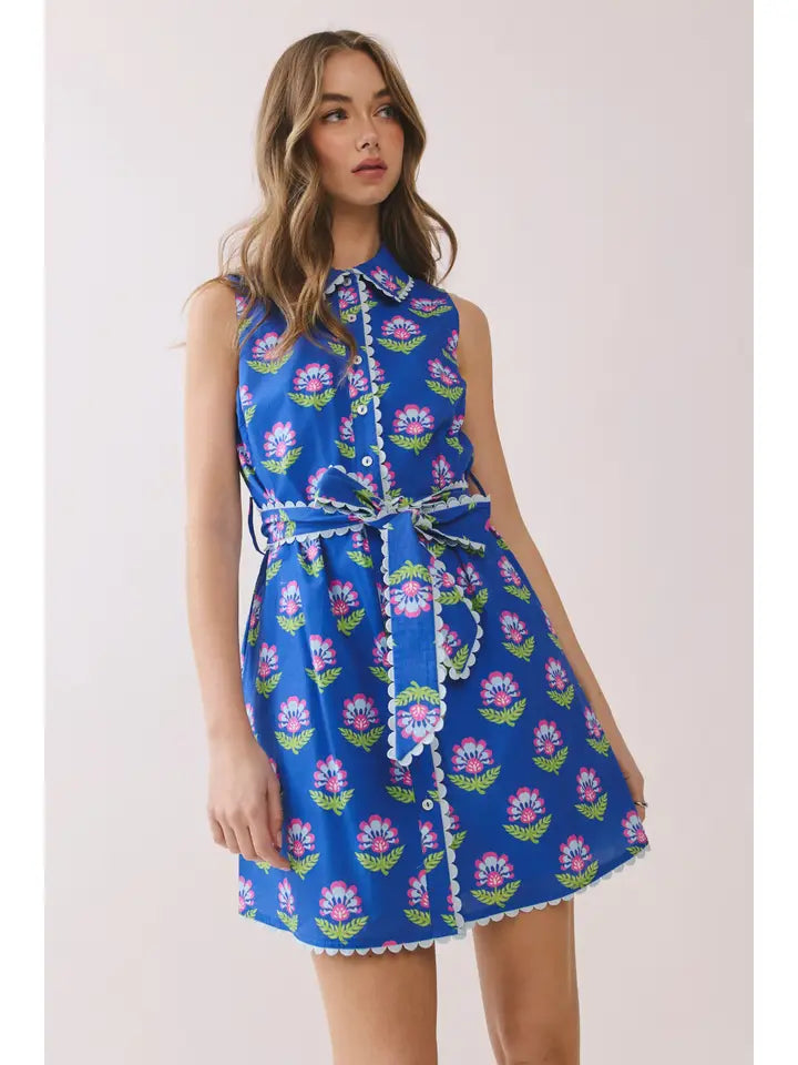 Blue Floral Print Scalloped Trim Detail Dress