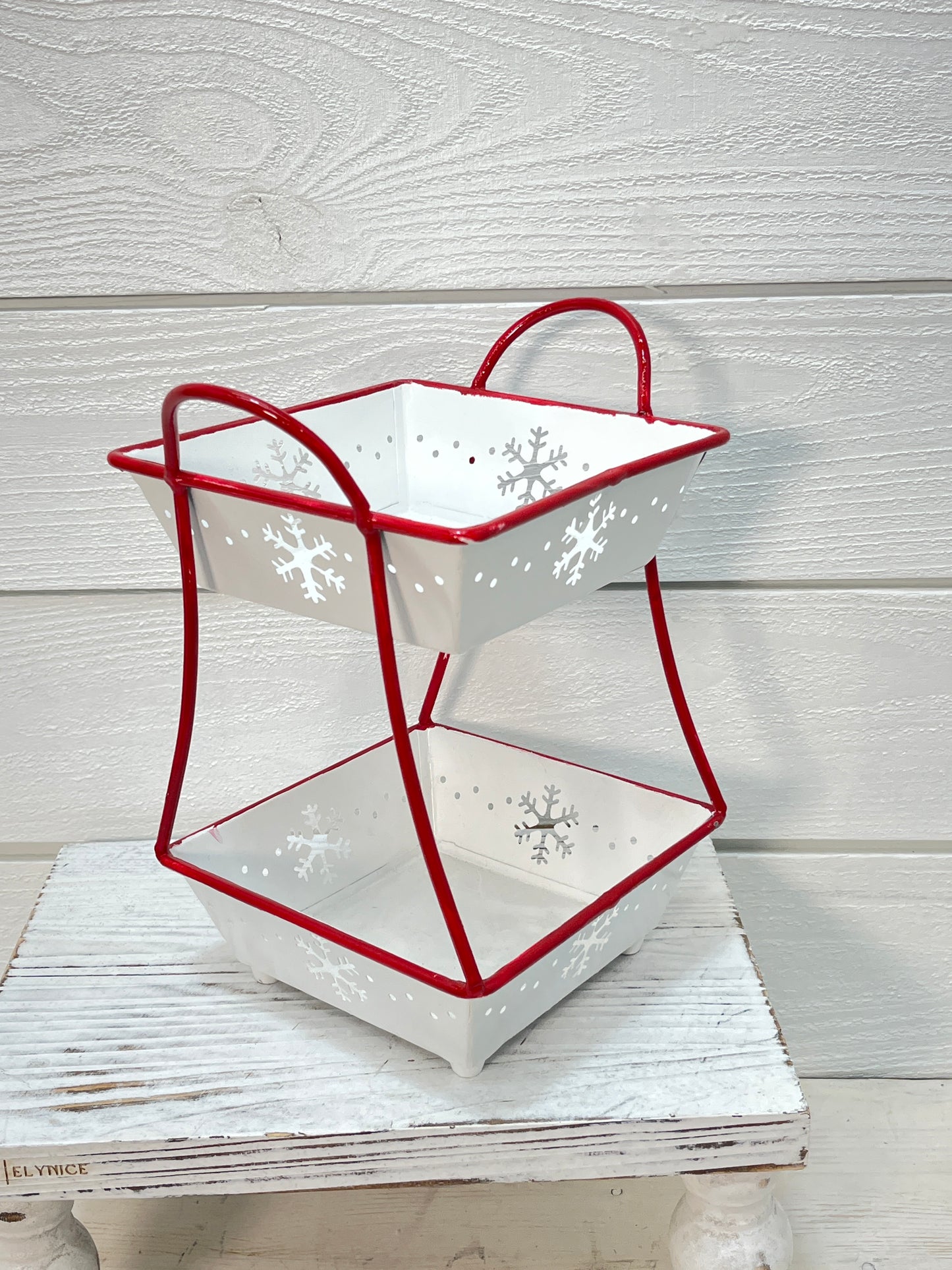 Two Tier White Snowflake Serving Stand