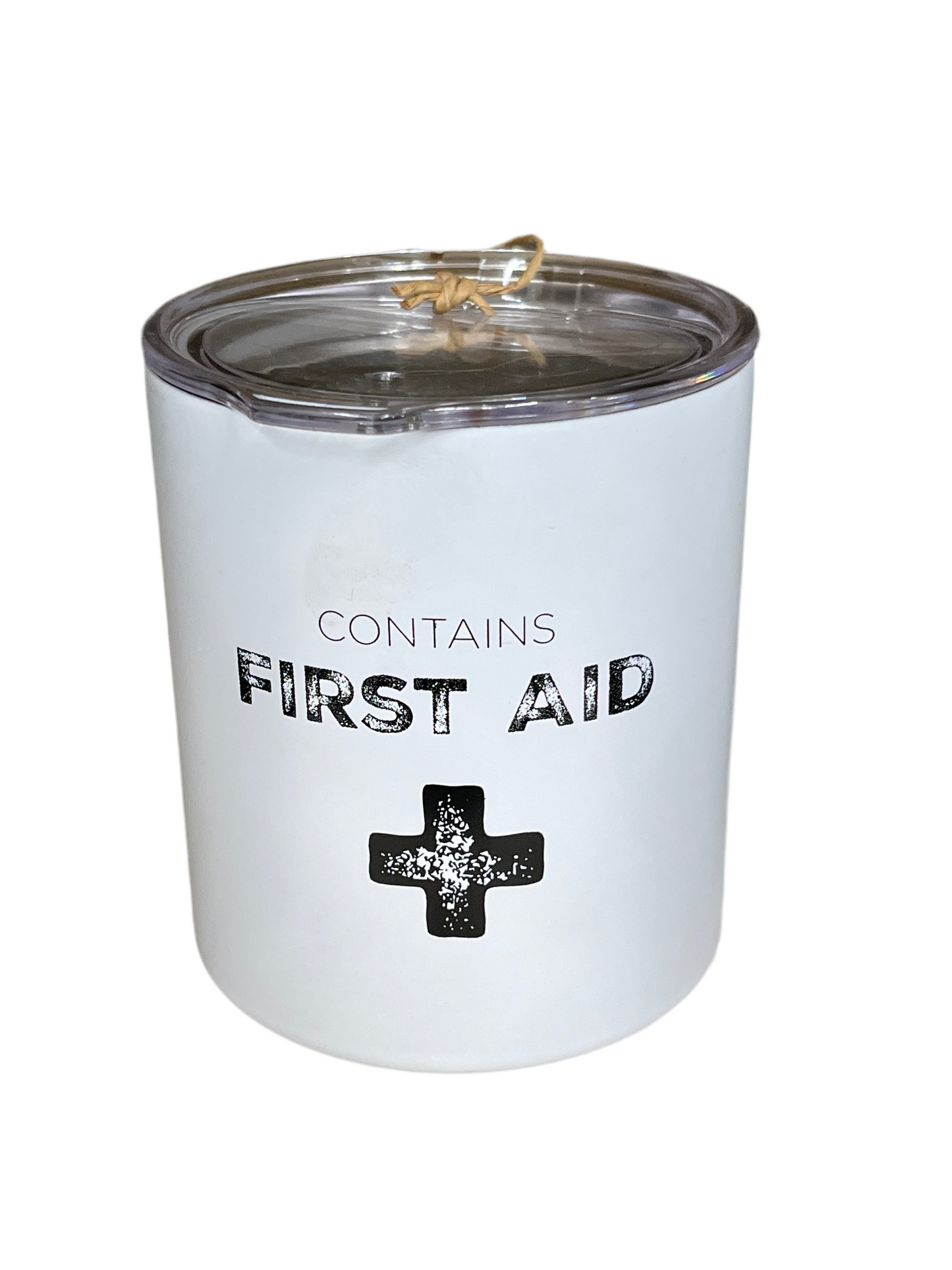 Contains First Aid White Travel Cup