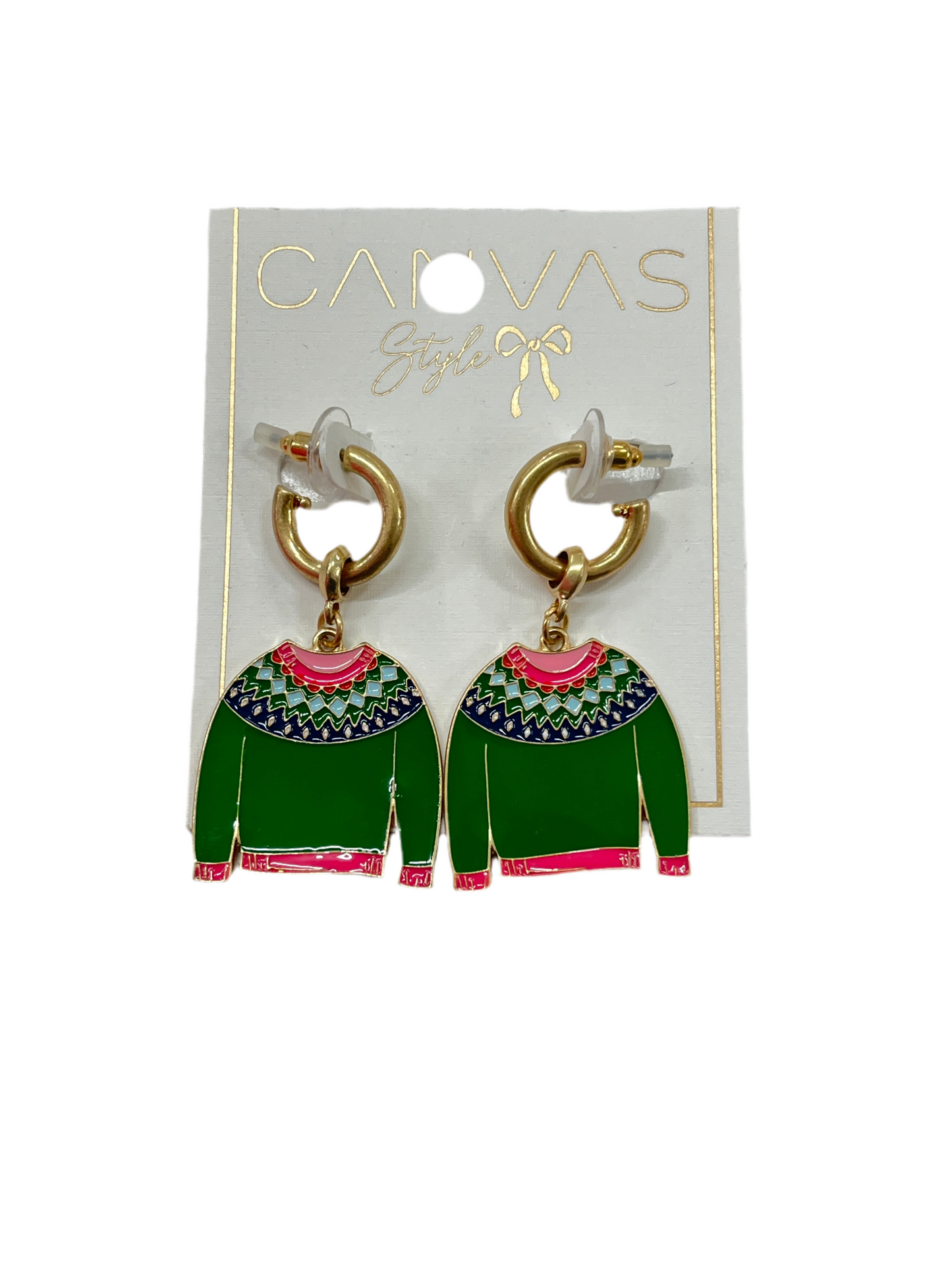 Canvas Style Christmas Sweater Earrings in Green and Red