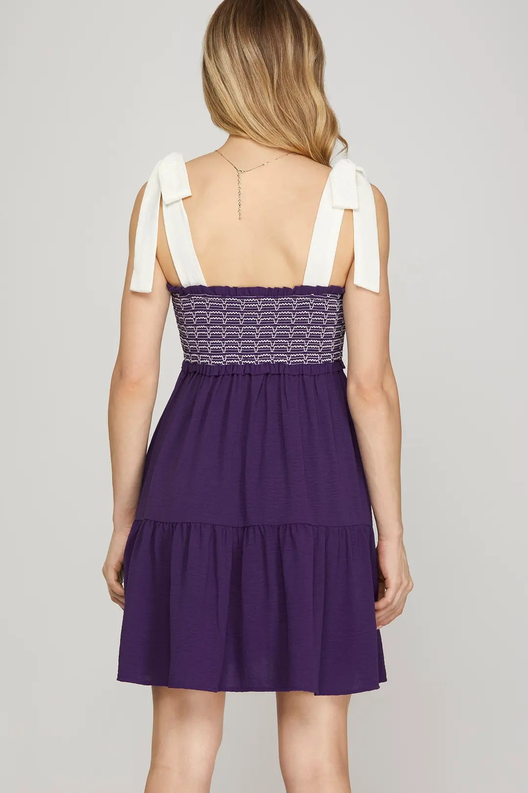 Game Day Shoulder Tie Smocked Tiered Mini Dress