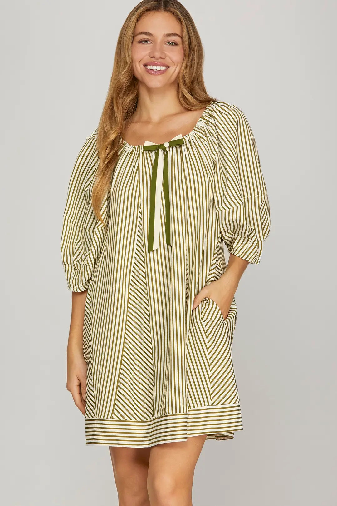 Olive & Cream Stripe Mini Dress Large