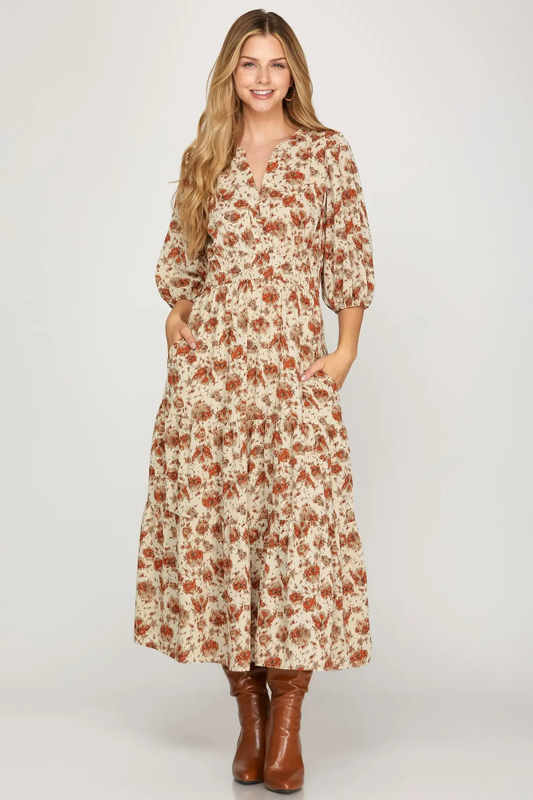 Cream & Rust Floral Printed Maxi Dress Large