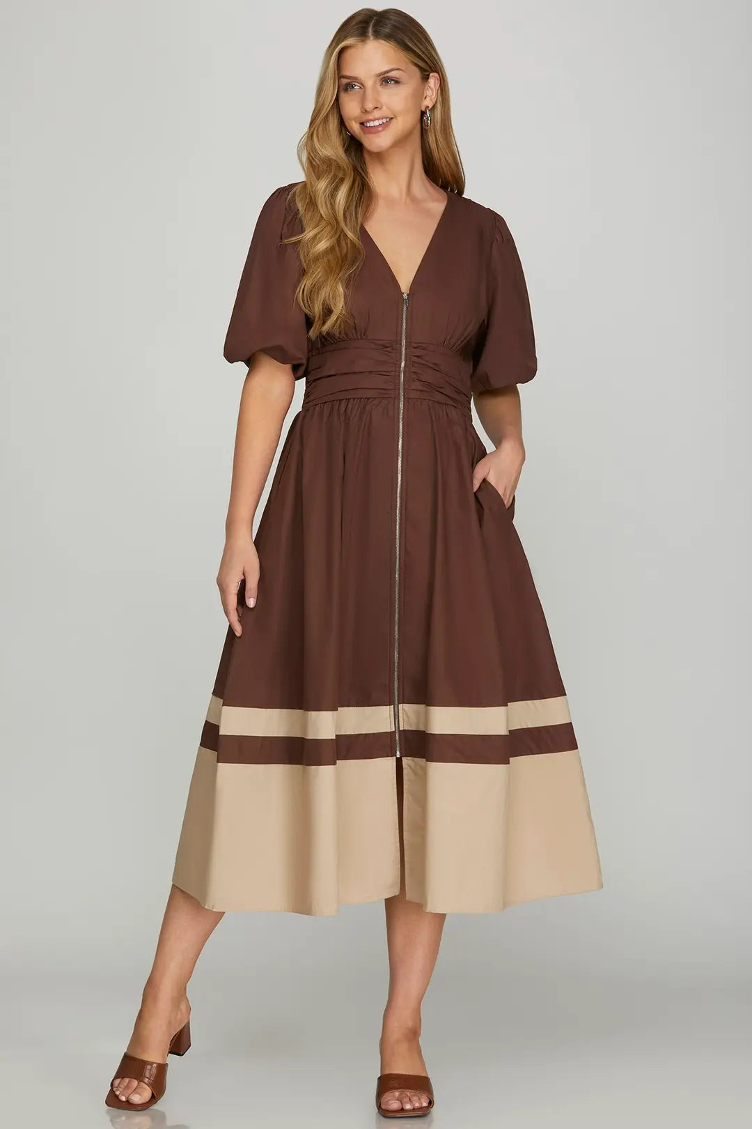 Brown Maxi Dress with Front Zip Large