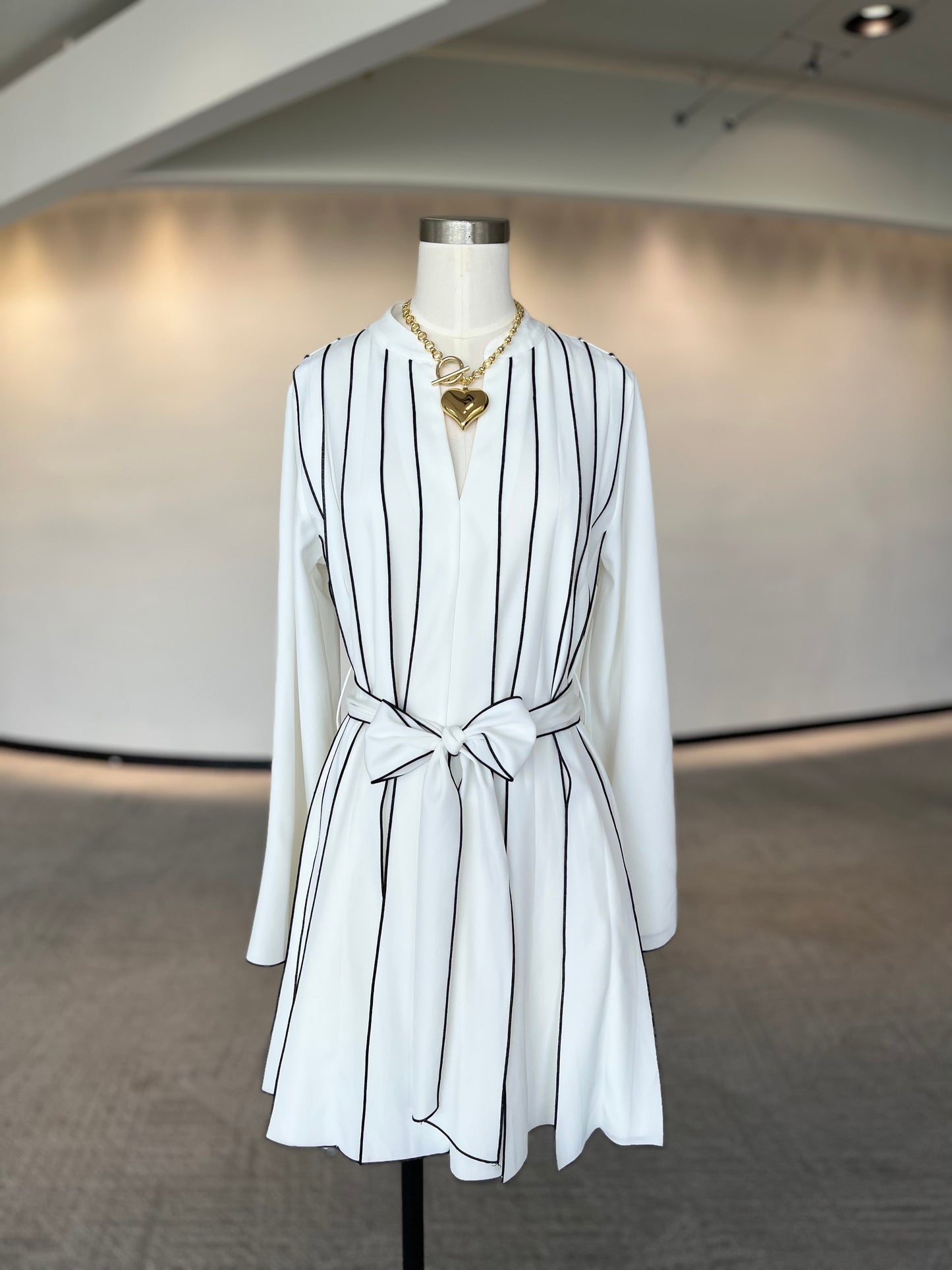White Sash Dress With Black Piping Detail