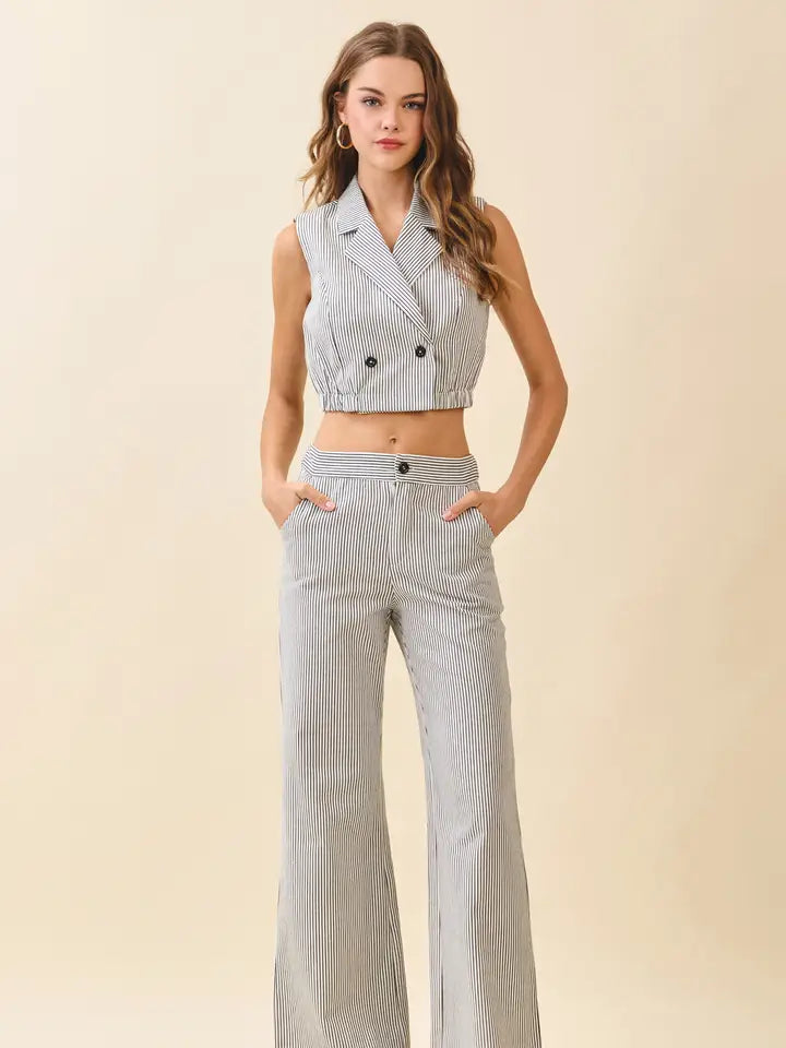 Vertical Pinstriped High Waisted Wide Leg Pants