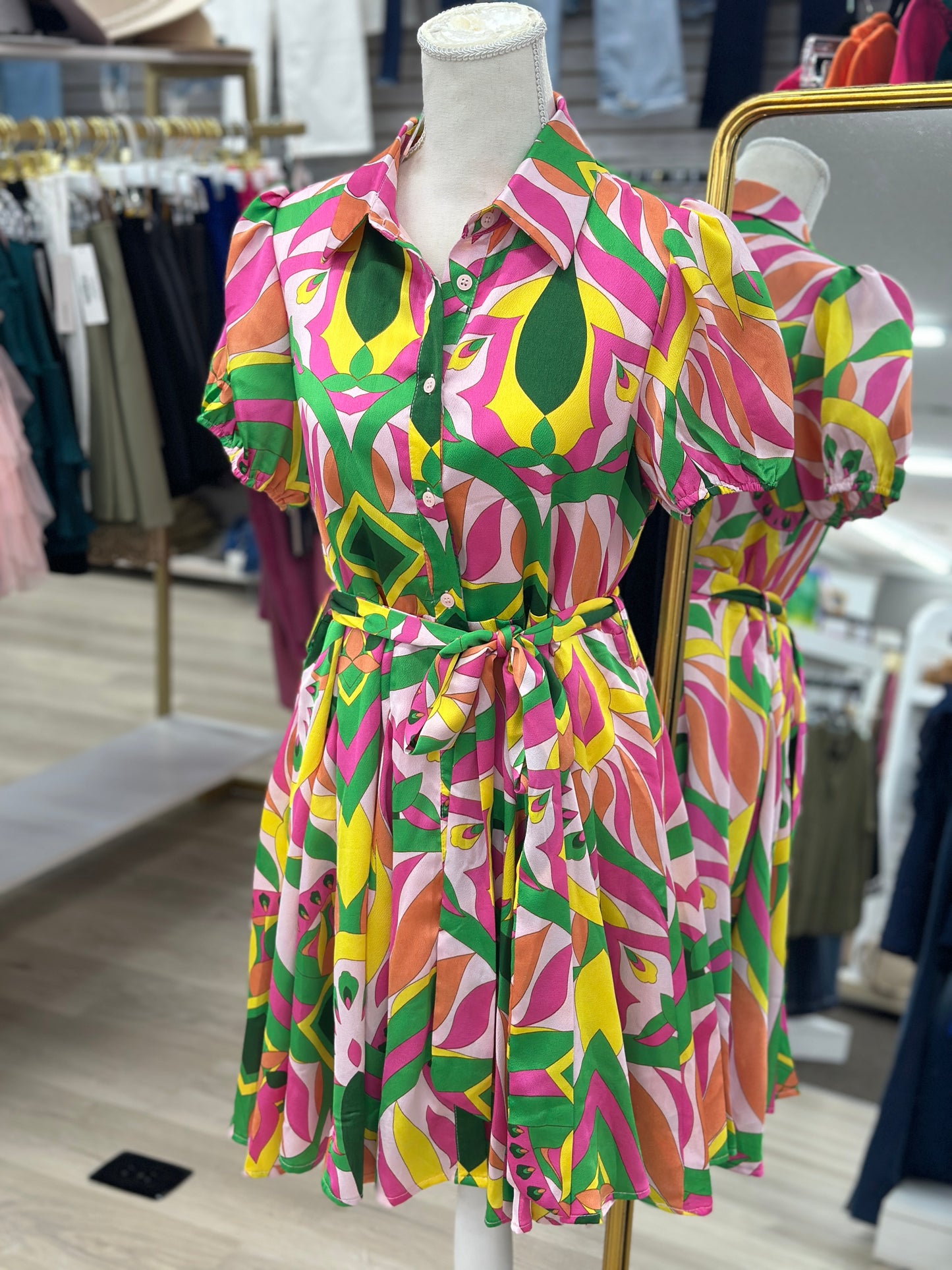 Pink & Green Cap Sleeve Dress