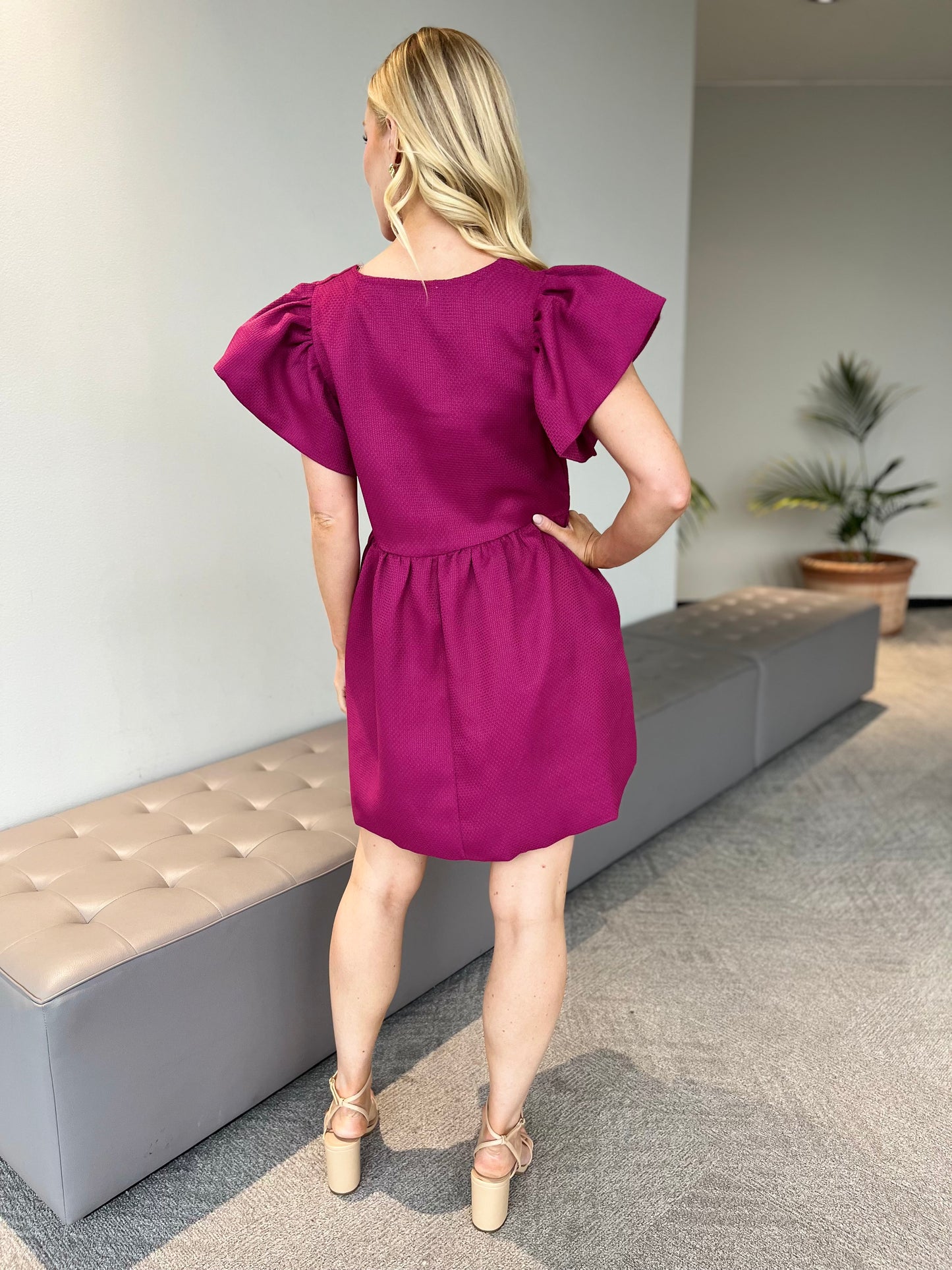 Magenta Elegant Flounce Sleeve A-Line Dress