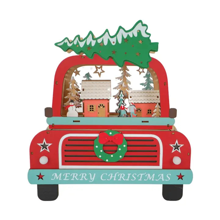 Red Truck Lighted Wooden Christmas Scene