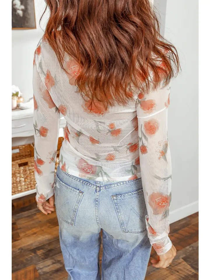 Round Neck Floral Print Mesh Long Sleeve Top