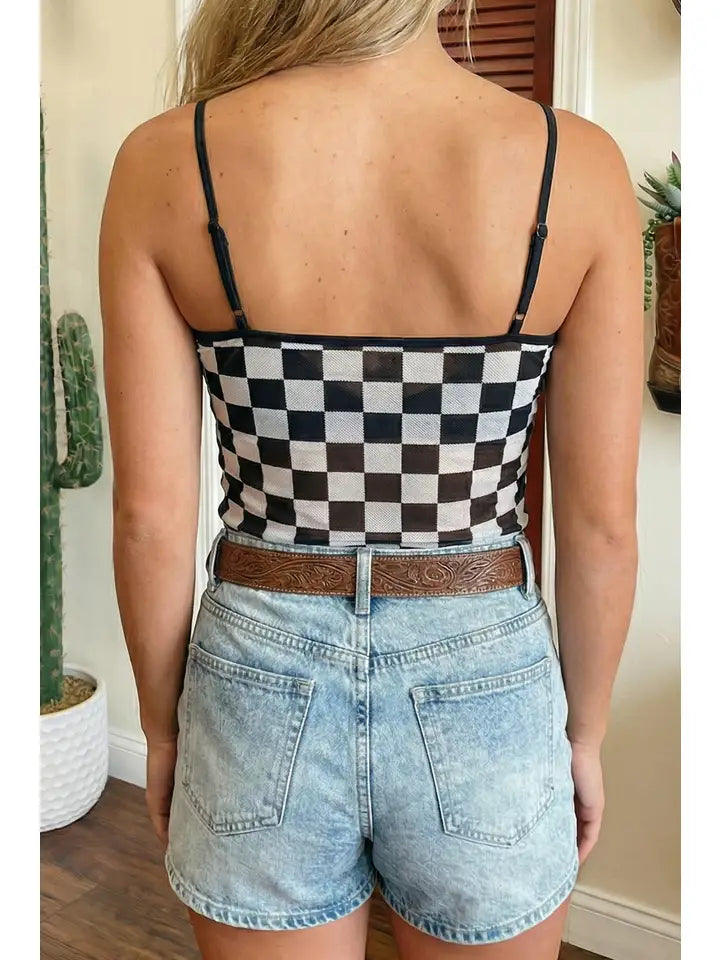 Sheer Checkered Print Spaghetti Straps Slim Tank Top