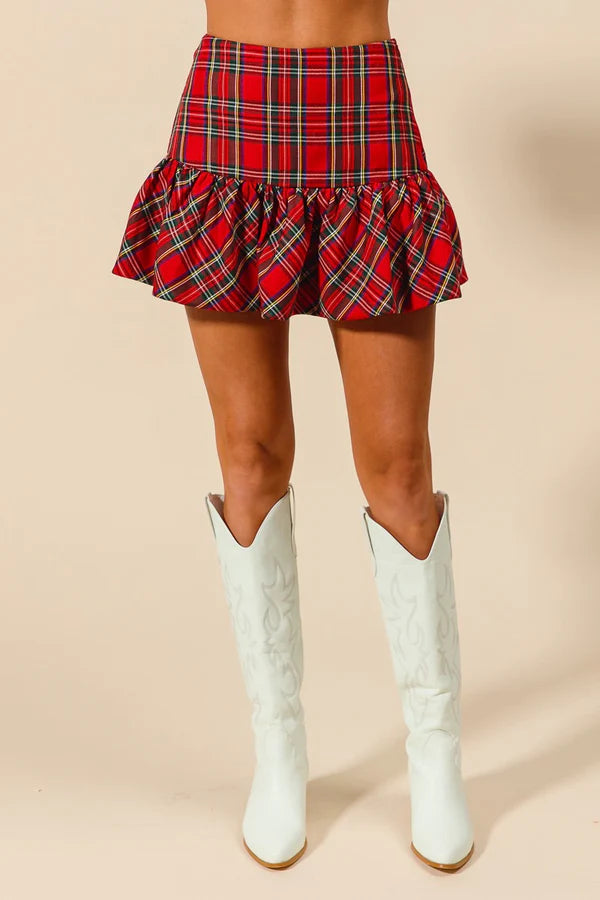 Red Checkered Plaid Christmas Mini Balloon Skirt