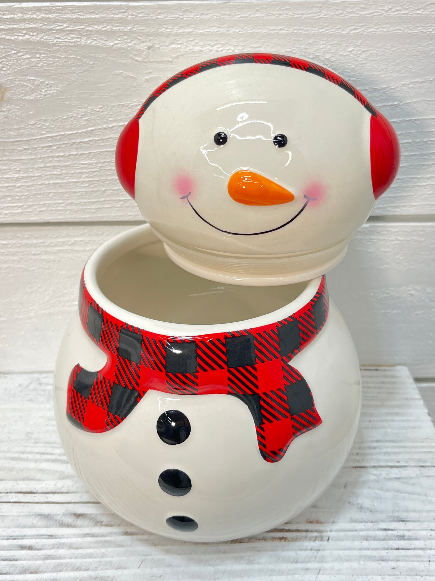 Snowman Cookie Jar Buffalo Plaid