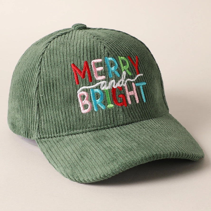 Merry & Bright Embroidery Sage Green Corduroy Cap