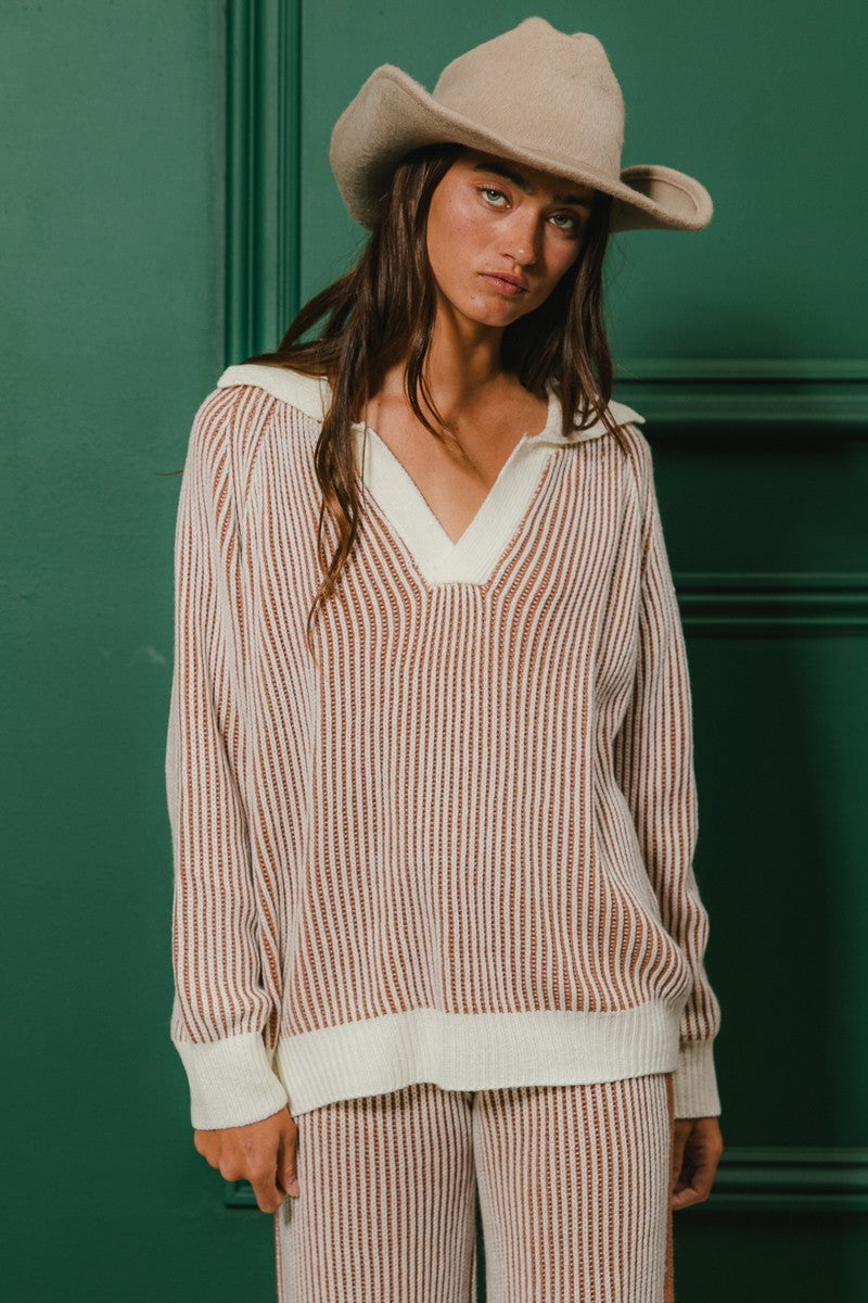 Two Tone Rib Texture Sweater And Pants Set- Ivory/Cinnamon