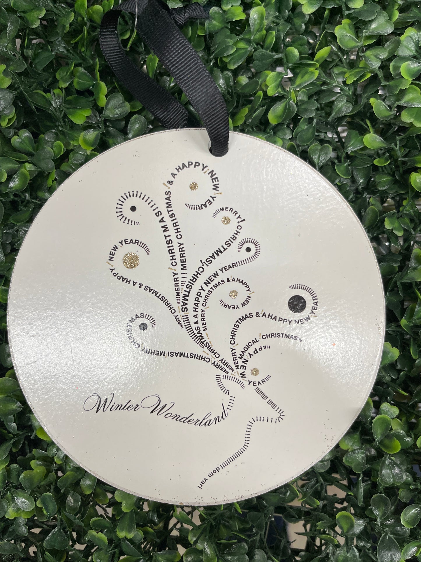 Wood Disc Ornament White With Gold And Black Accent
