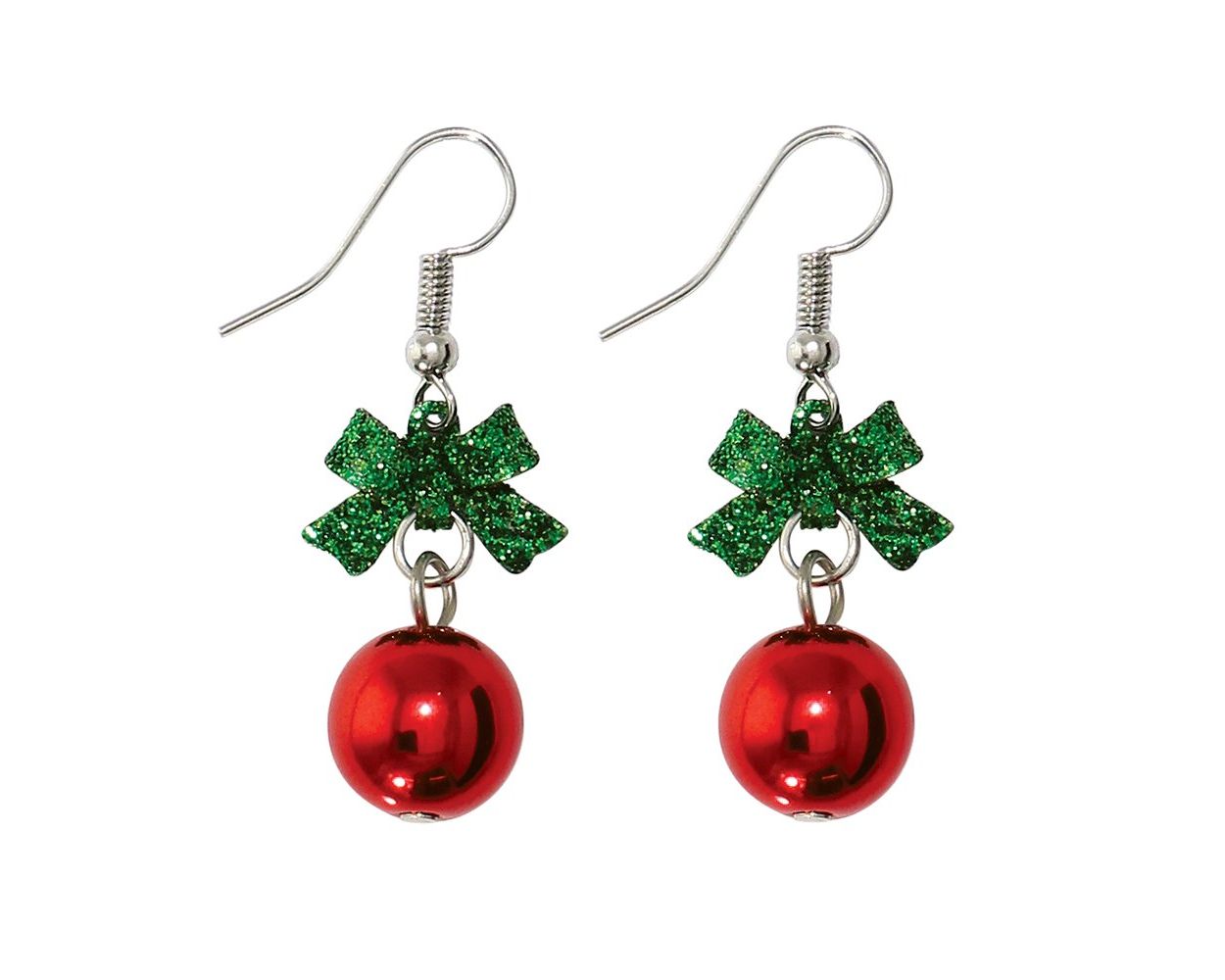 Red Ornament Earrings With Green Bow