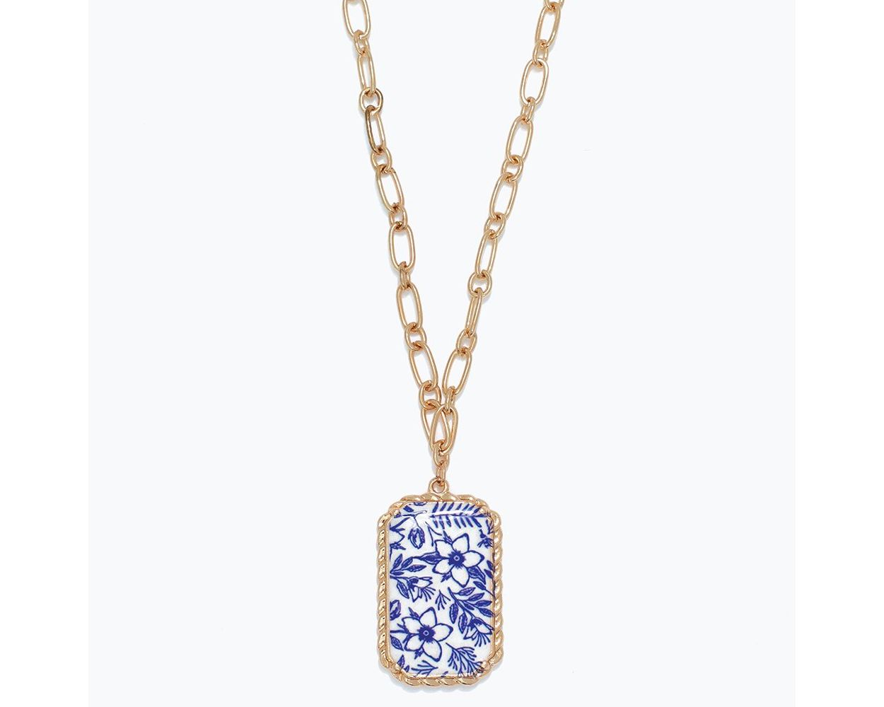 Gold Chain Necklace With Blue China Print Pendant