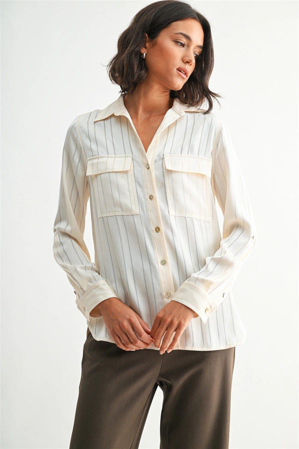 Fun2Fun Striped Satin Pocket Front Button Down Shirt