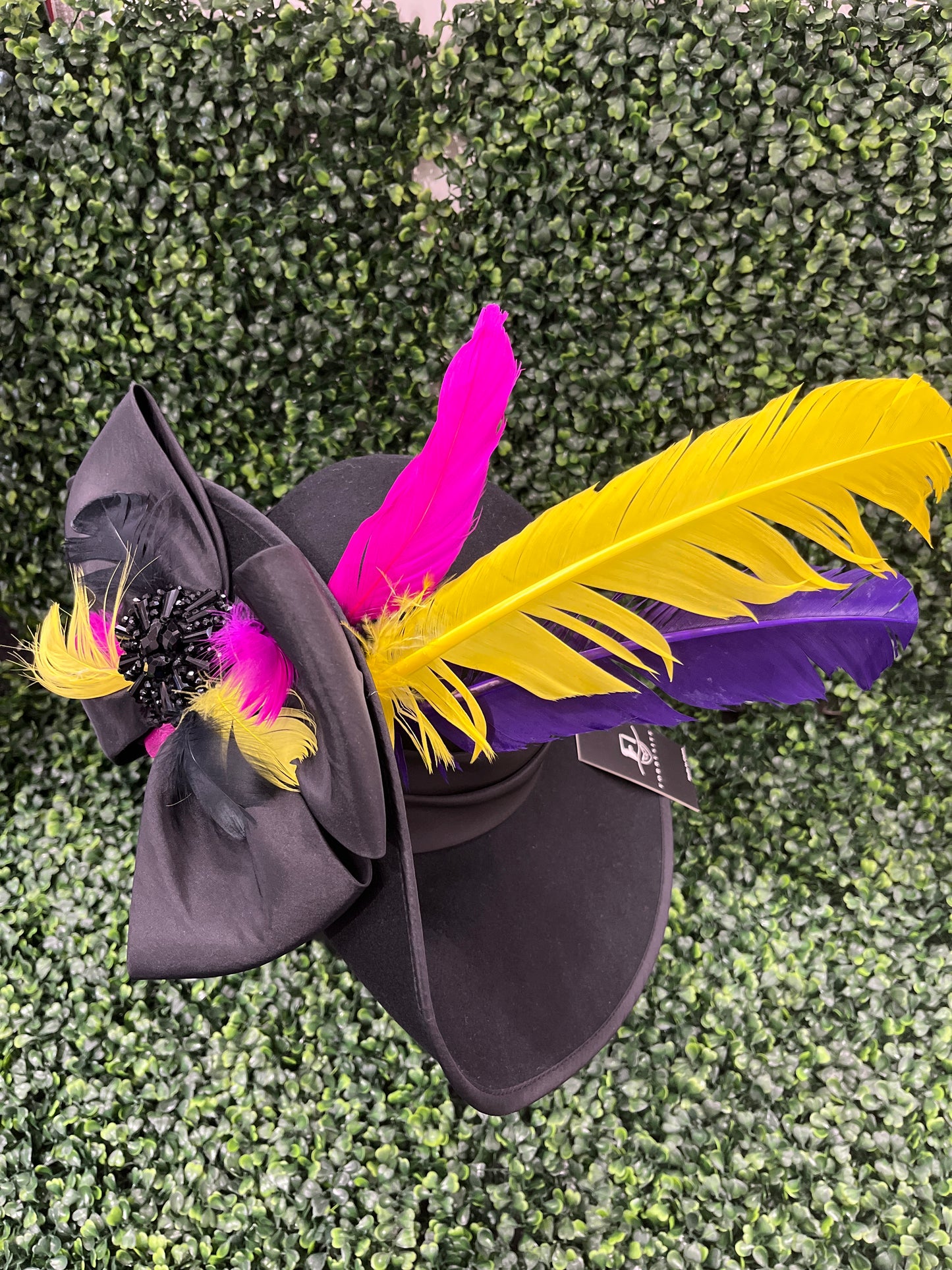 Black Derby Hat With Black Bow & Multi Colored Feathers
