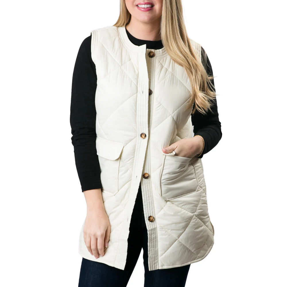 Long Quilted Vest With Button Closure
