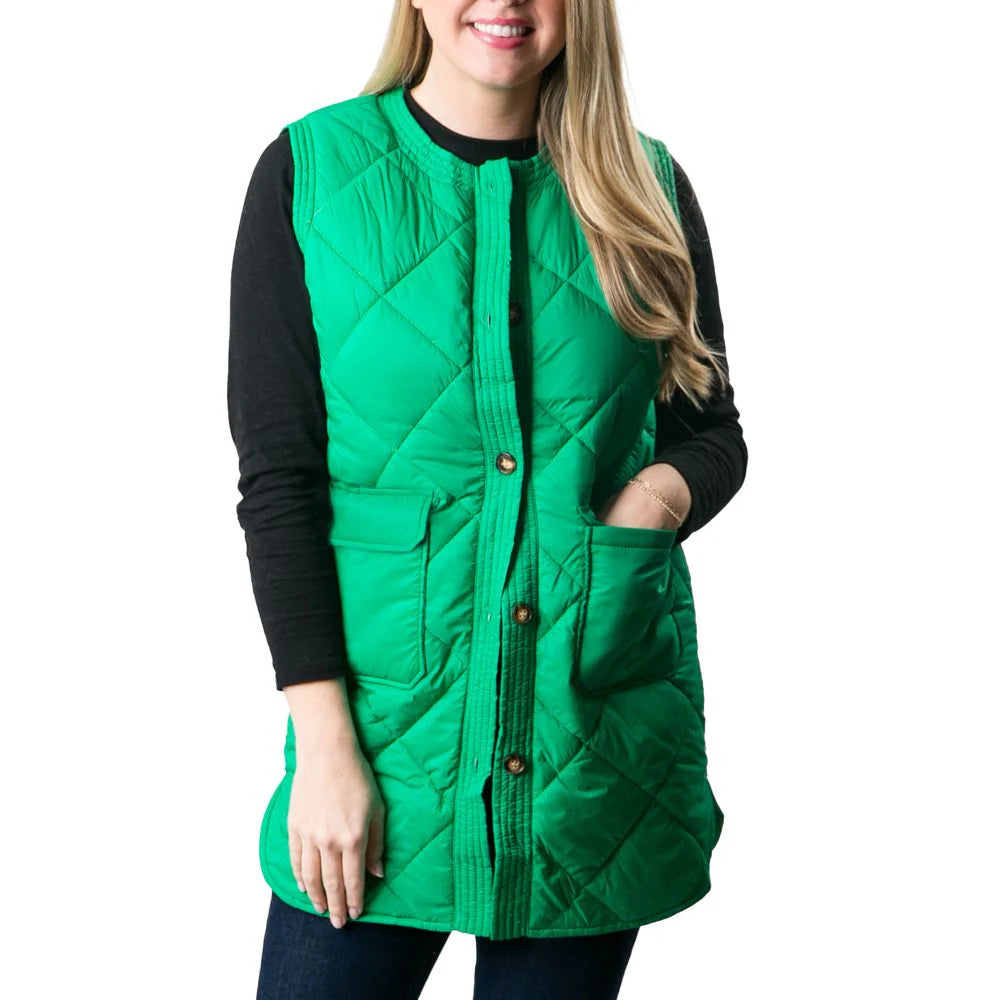 Long Quilted Vest With Button Closure