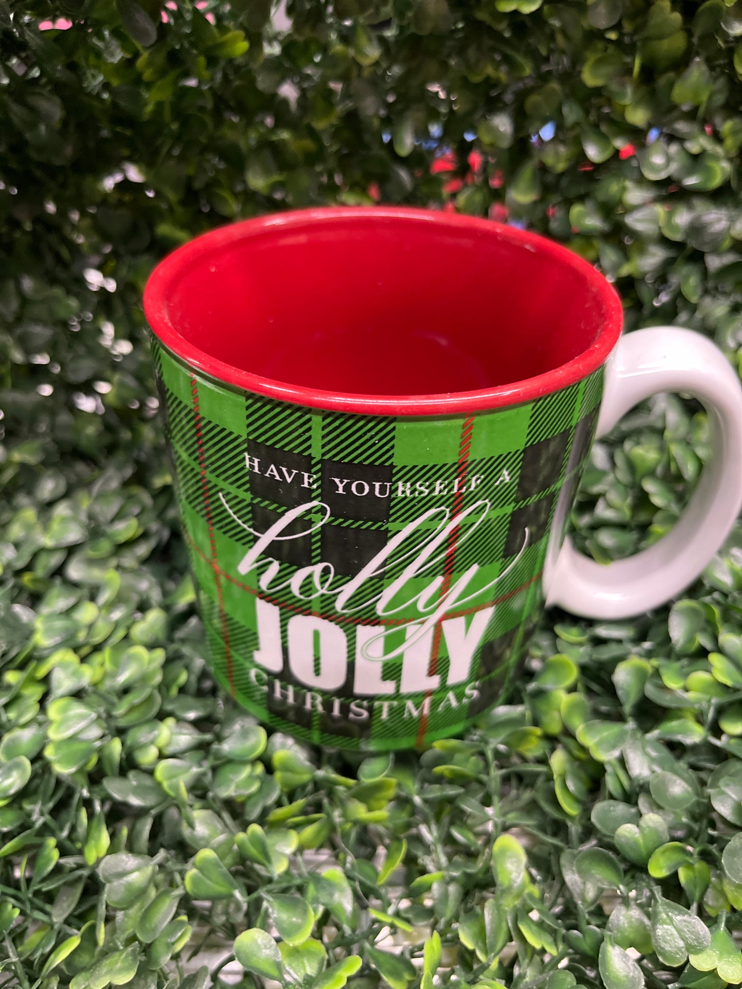 Green Plaid Holly Jolly Christmas Mug