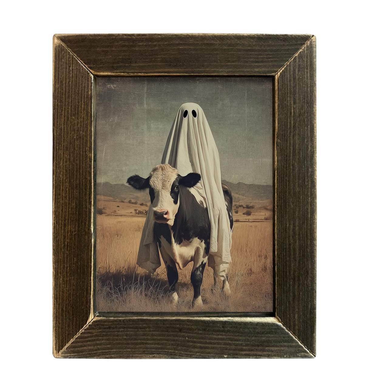 Vintage Photo Of Ghost & Cow With Brown Stain Frame