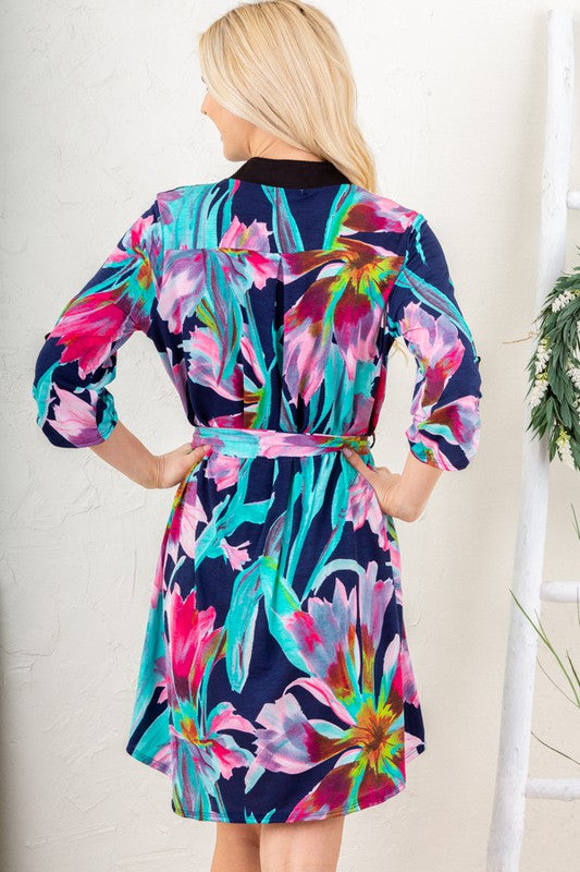 Multi Color Floral Dress With Waist Tie Belt