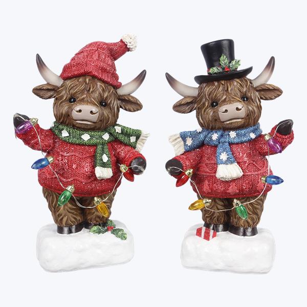 Resin Highland Cow Sitter With Christmas Lights