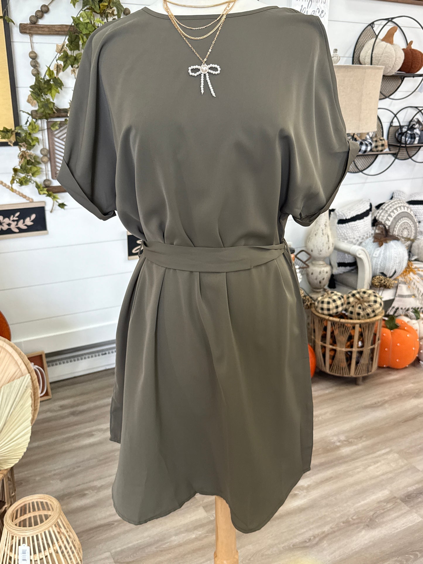Olive Round Neck Cuffed Sleeve Tie Waist Dress