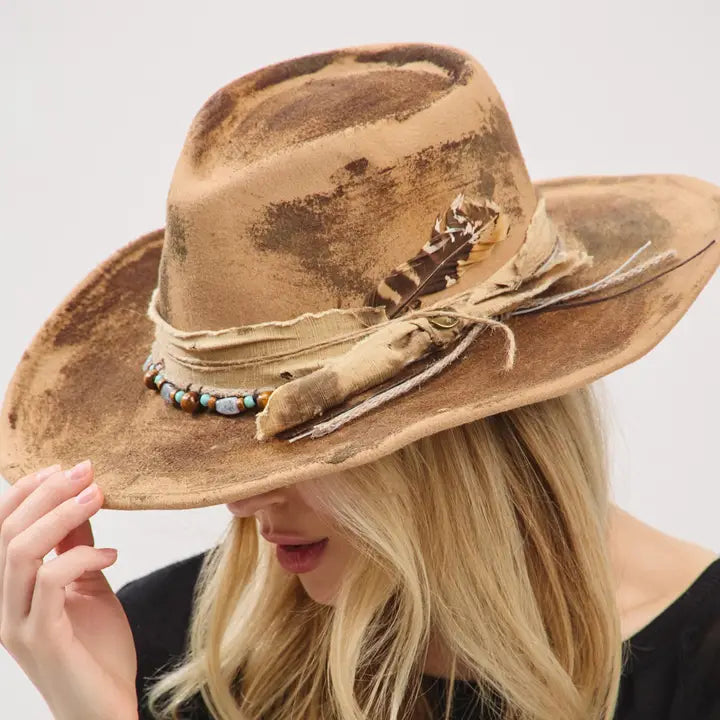 Distressed Western Beige Hat With Beads