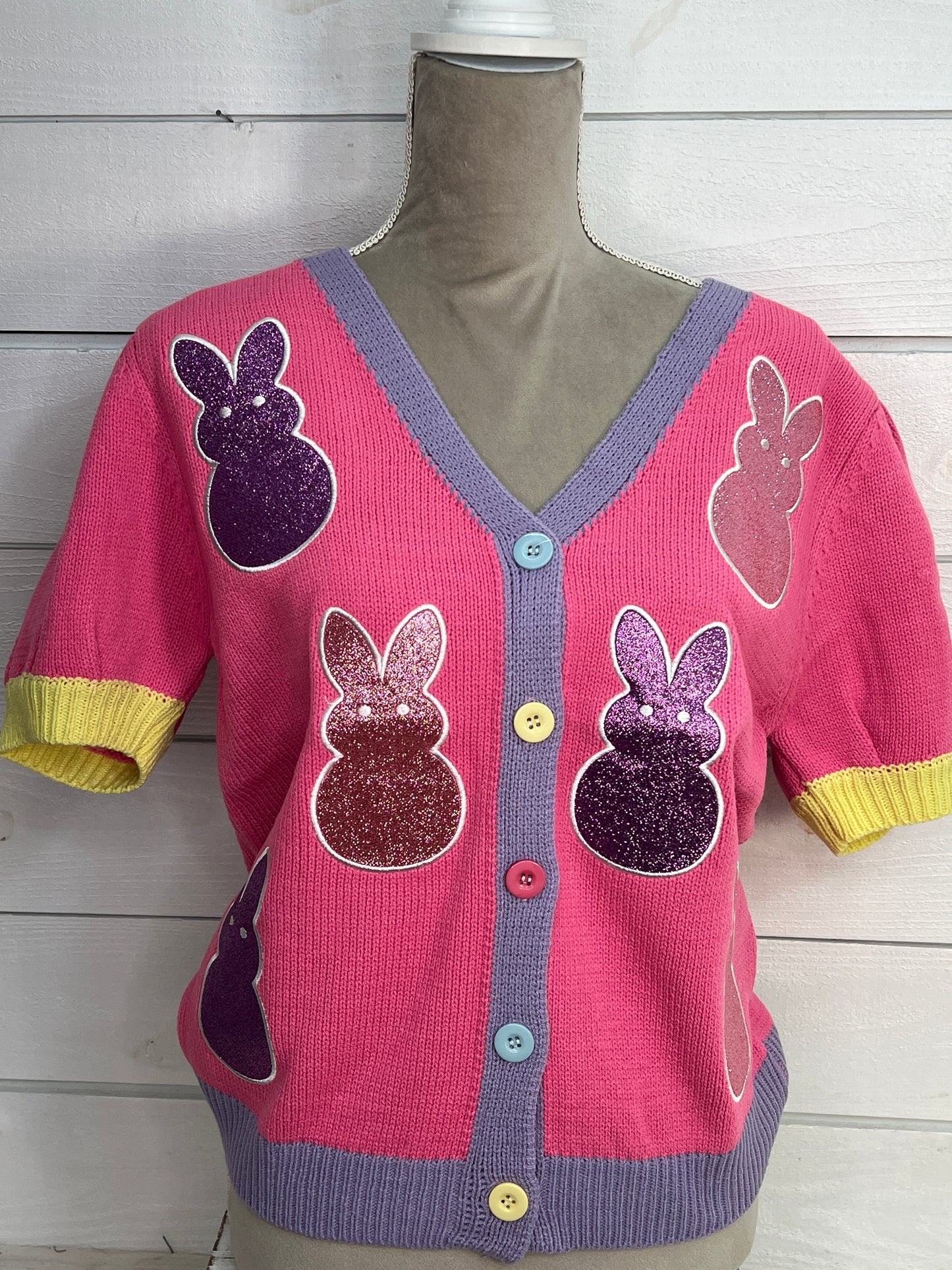 Puff Sleeve Cardigan Easter Bunny Patches Sweater