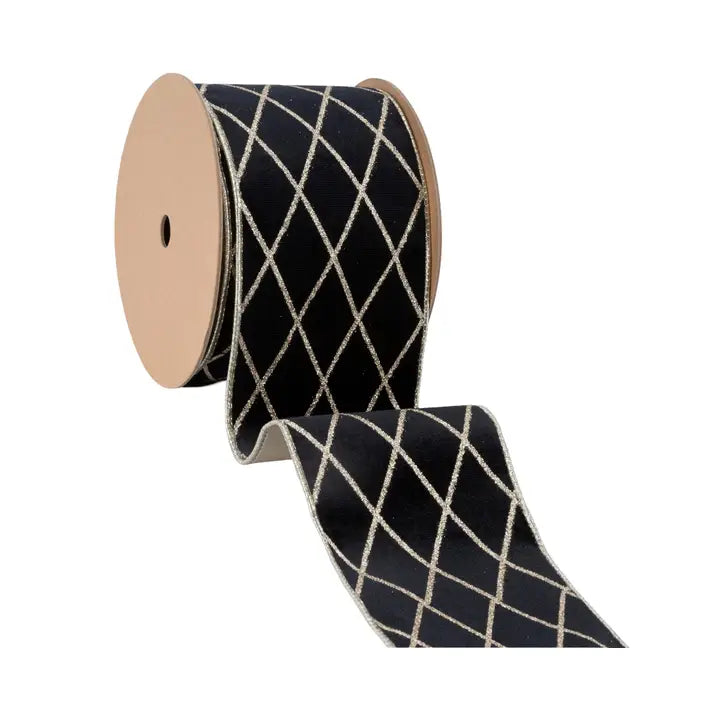 Wired Velvet Ribbon Black Glittered Diamond 10 Yard Roll