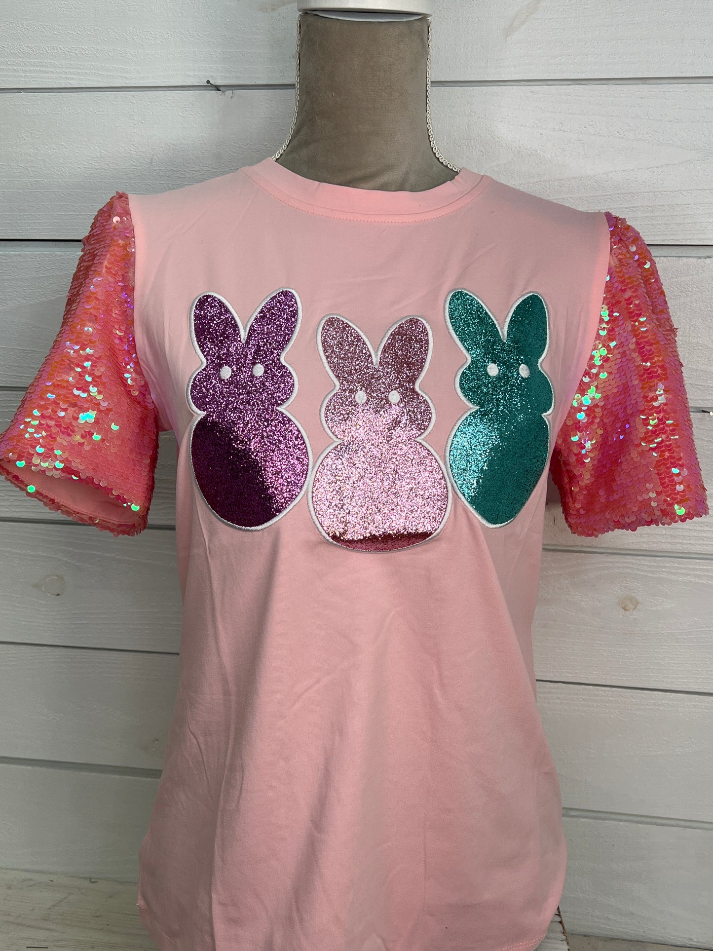 Sequin Sleeve Top With Easter Bunny Patches