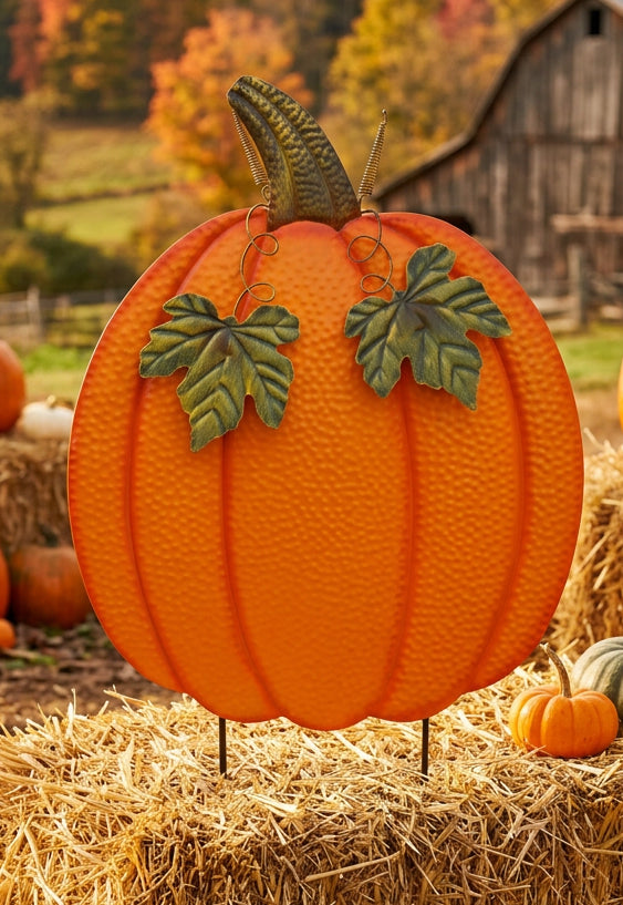 Large Orange Metal Pumpkin Yard Stake