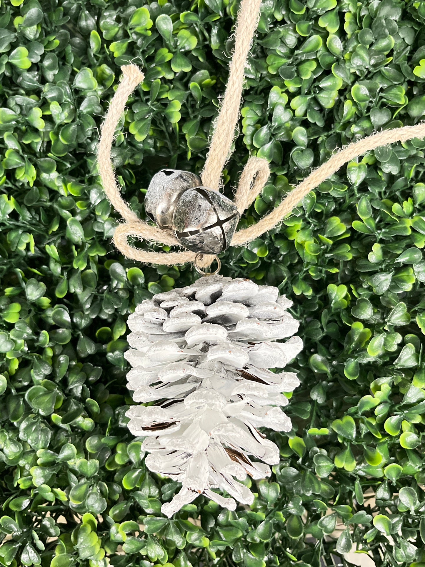 White Glitter Pinecone With Bells 5"