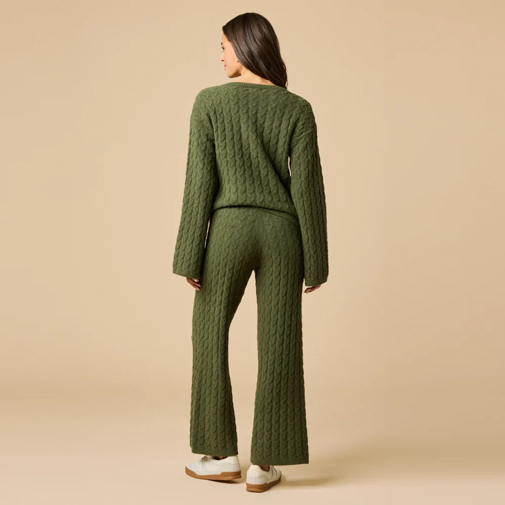 Softies Cable Knit Marshmallow V-Neck with Flared Sleeve and Pant Set- Olive