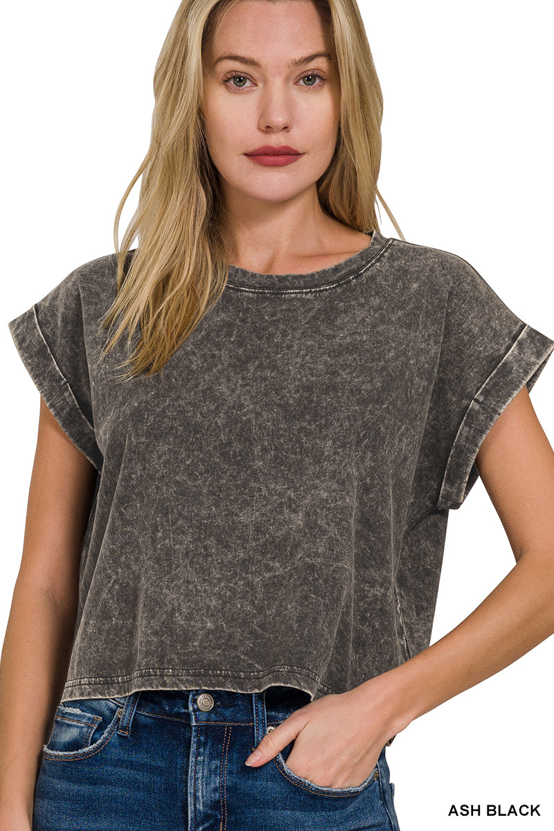 Zenana Washed Cotton Cuffed Short Sleeve Top