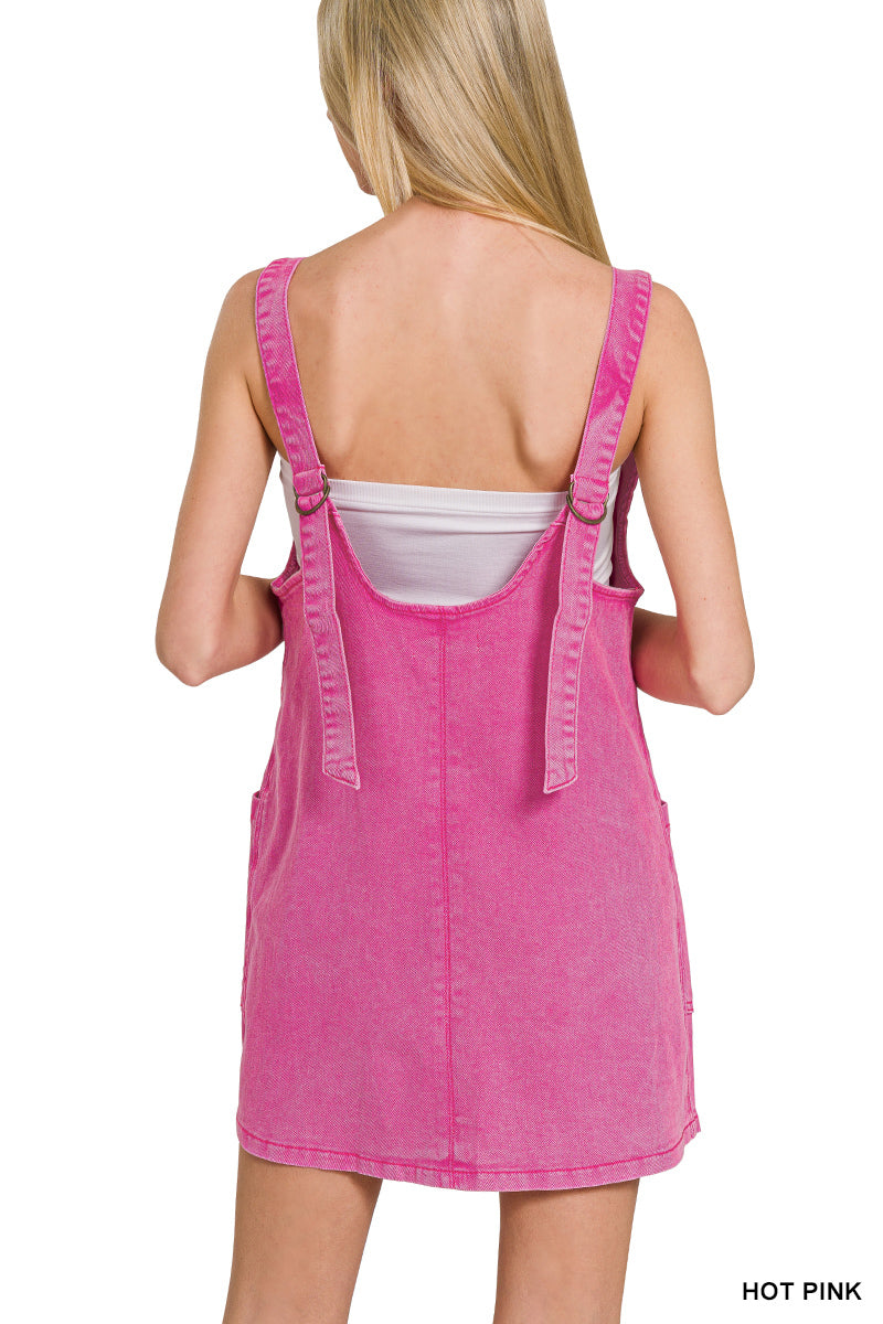 Zenana Hot Pink Washed Adjustable Strap Denim Overall Dress