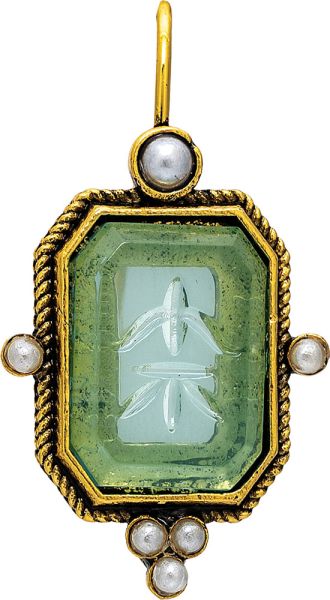 Gold Framed Green Intaglio Gem Earrings