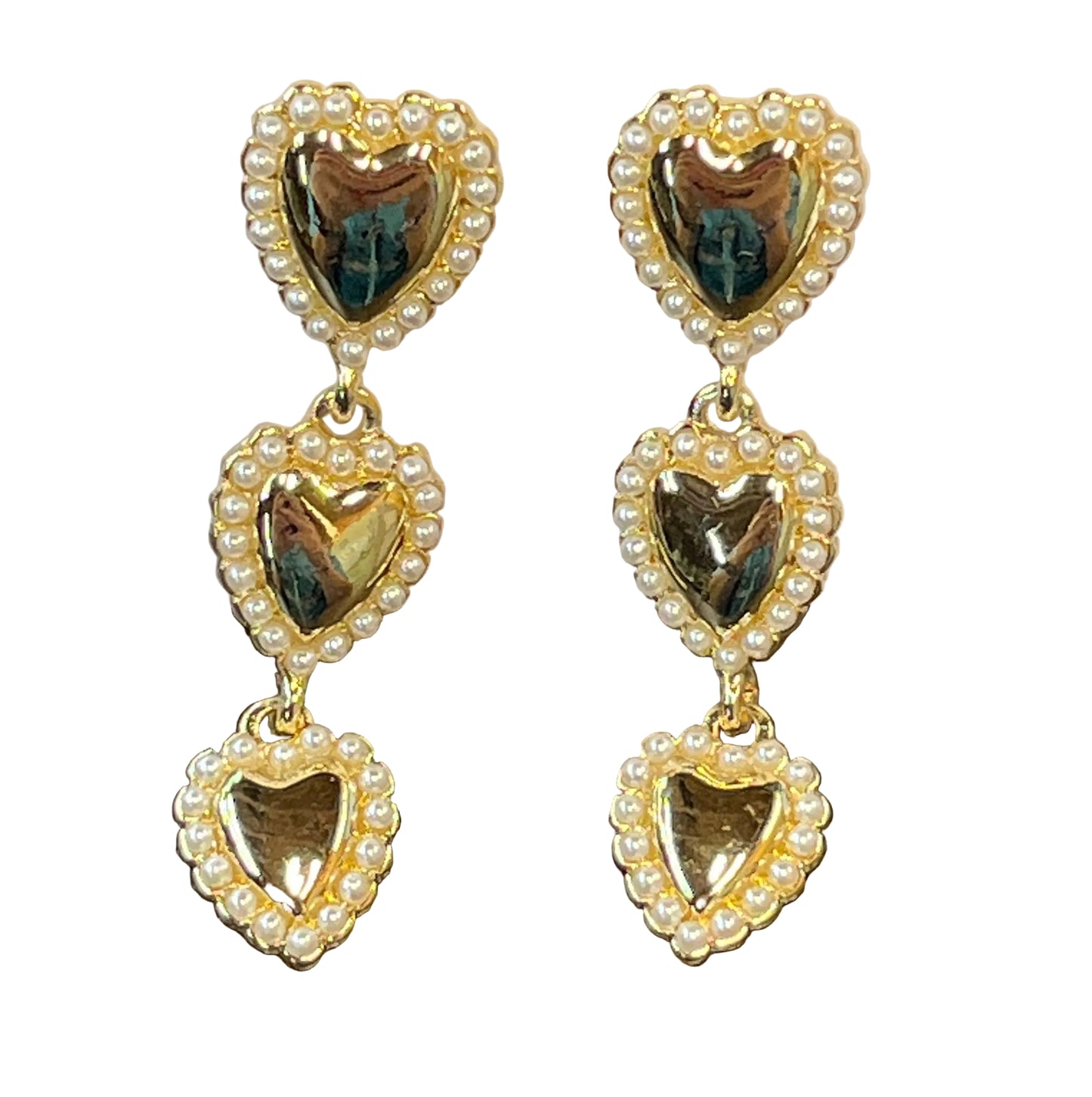 Gold Descending Hearts Earring With Pearl Edges