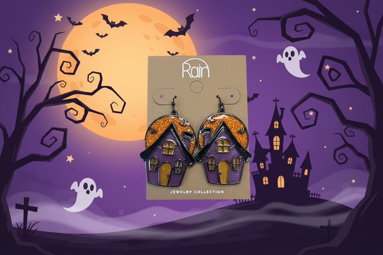 Black Multicolor Stained Glass Haunted House by the Moon Earrings
