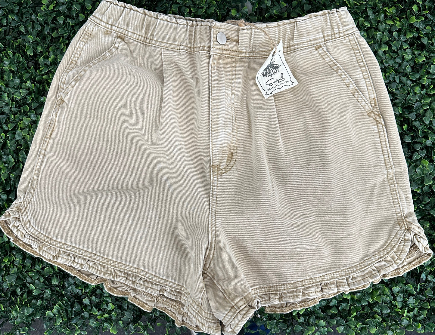 Khaki Shorts With Mini Ruffle Bottom Edge