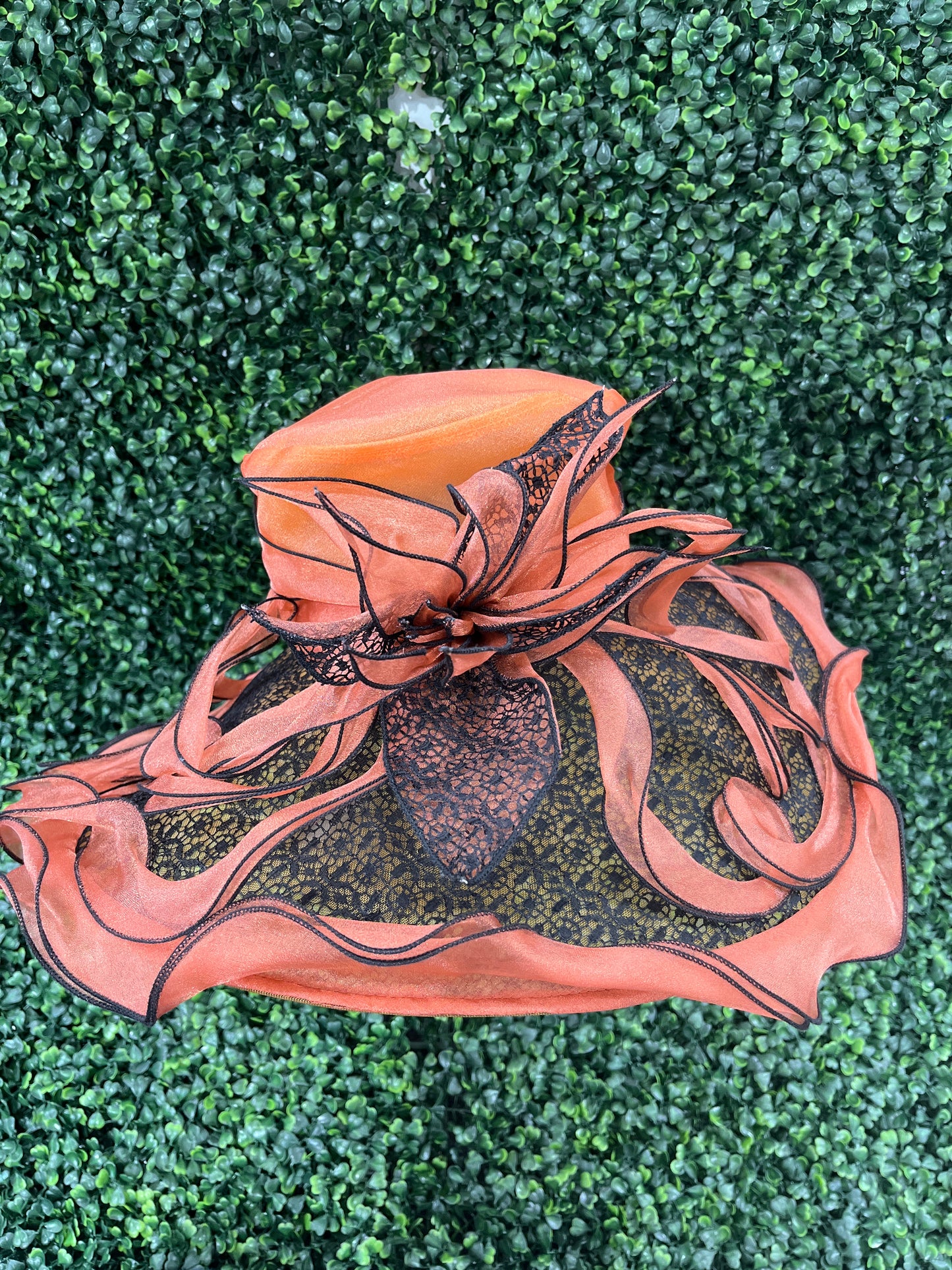 Burnt Orange & Black Derby Hat With Flower Detail