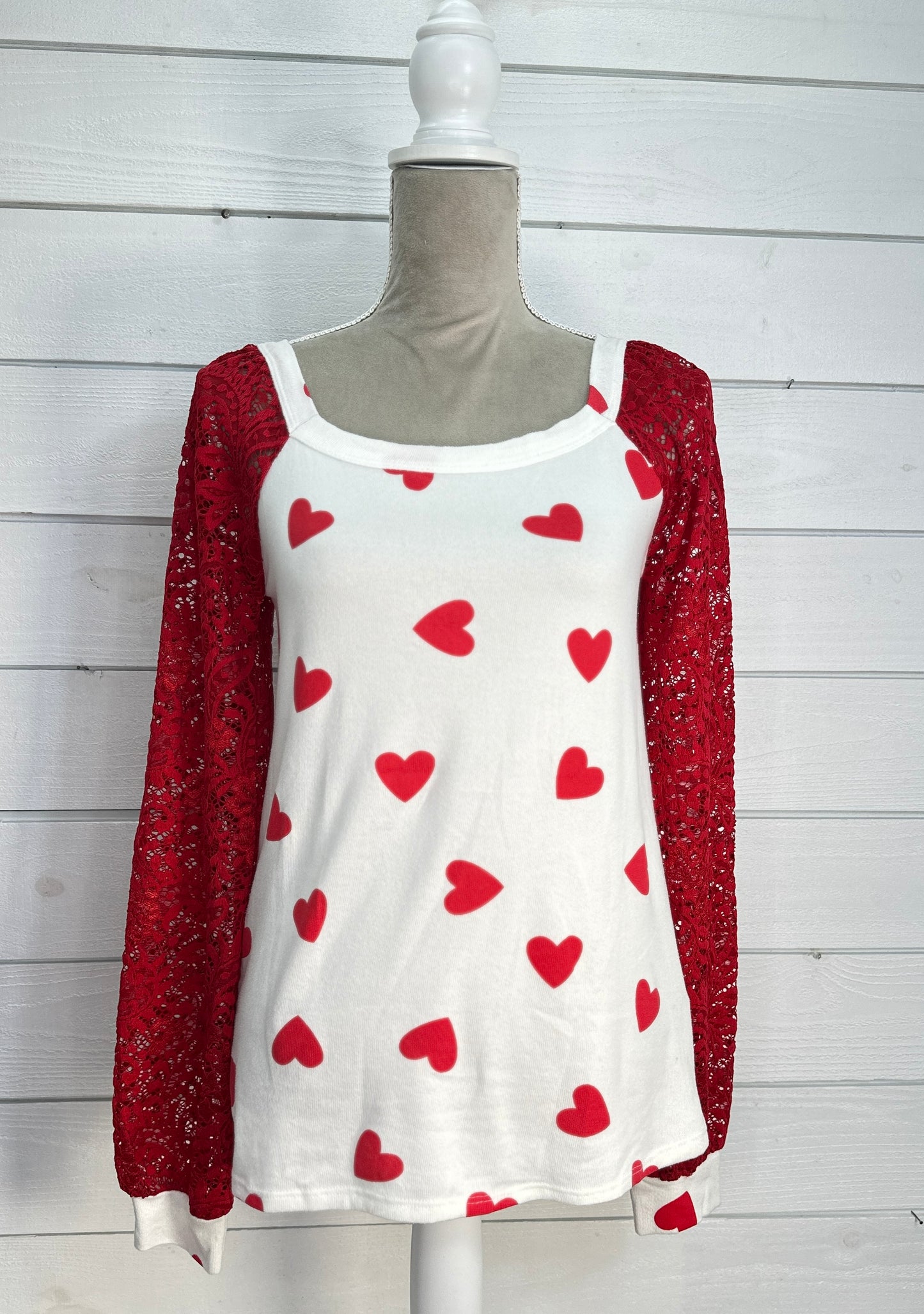 White shirt With Red Hearts And Lace Sleeves