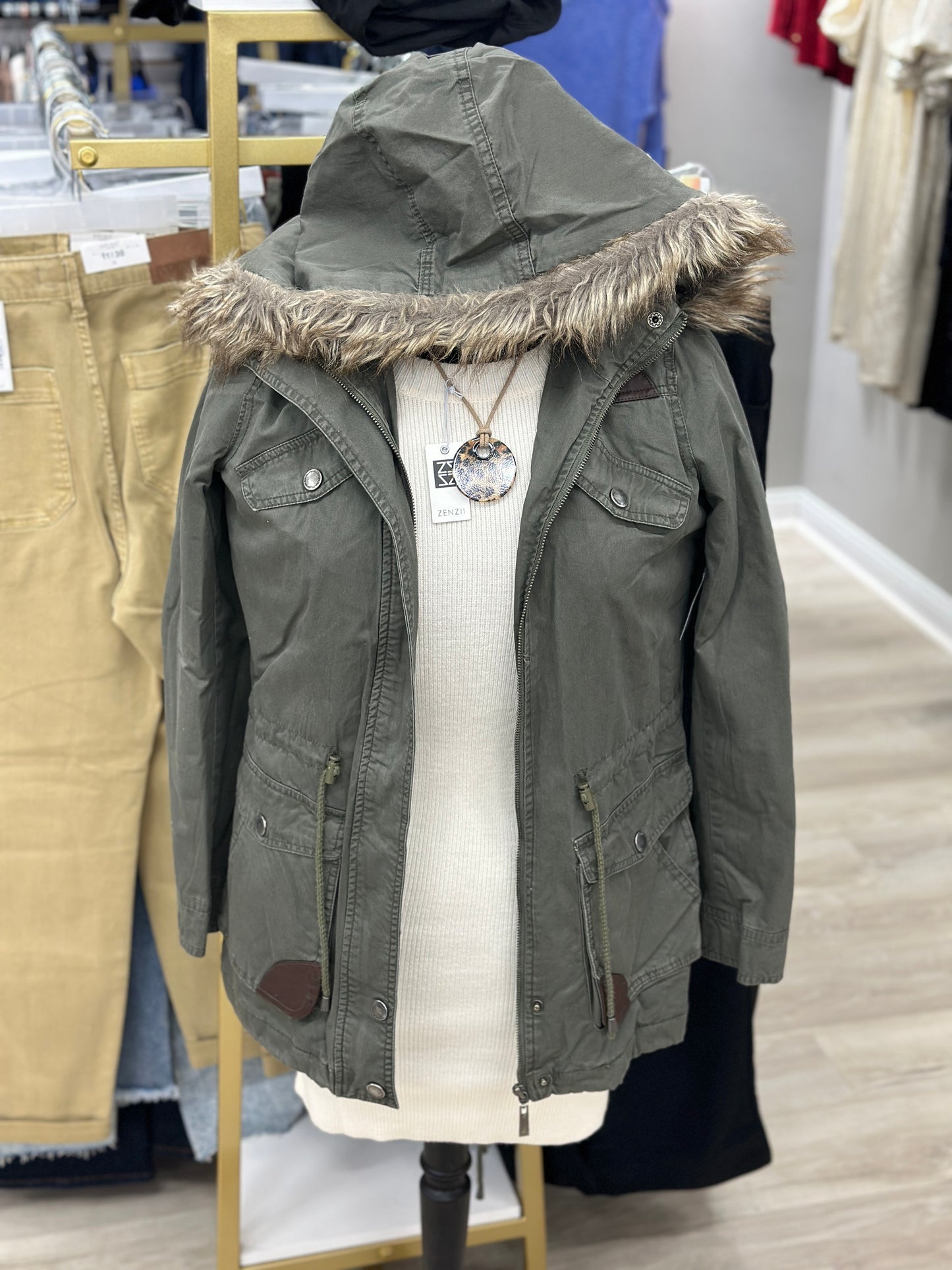 Olive Jacket With Fur Hood