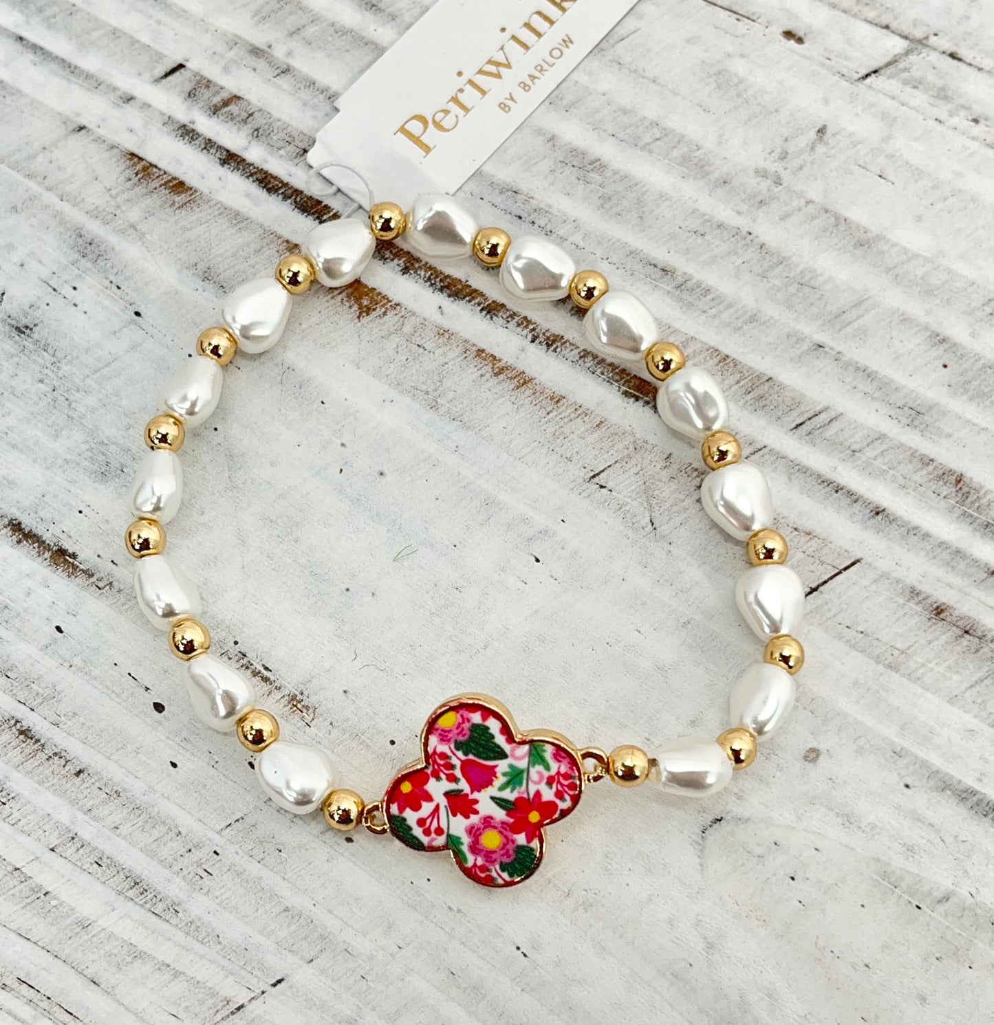 Pink and Green Clover With Pearls Bracelet