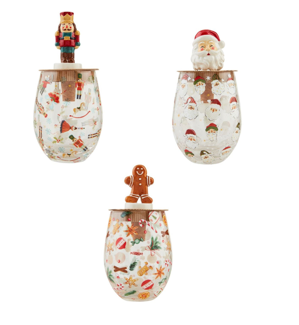 Mud Pie Christmas Pattern Wine Glass & Stopped Set